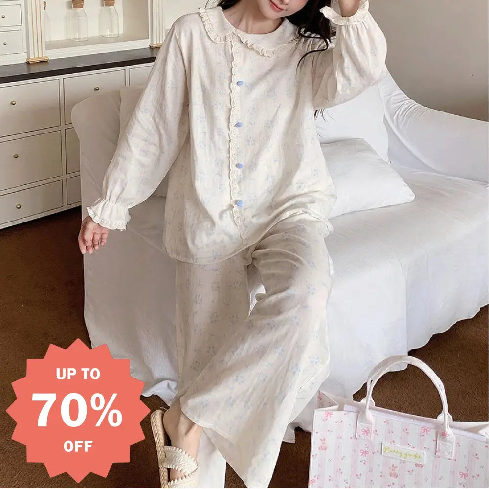 ダブルガーゼ 長袖 パジャマ レディース アシンメトリー レース フリル 花柄 ルームウェア かわいい 着心地 肌触り 部屋着 ID4620 レディース＞セットアップ