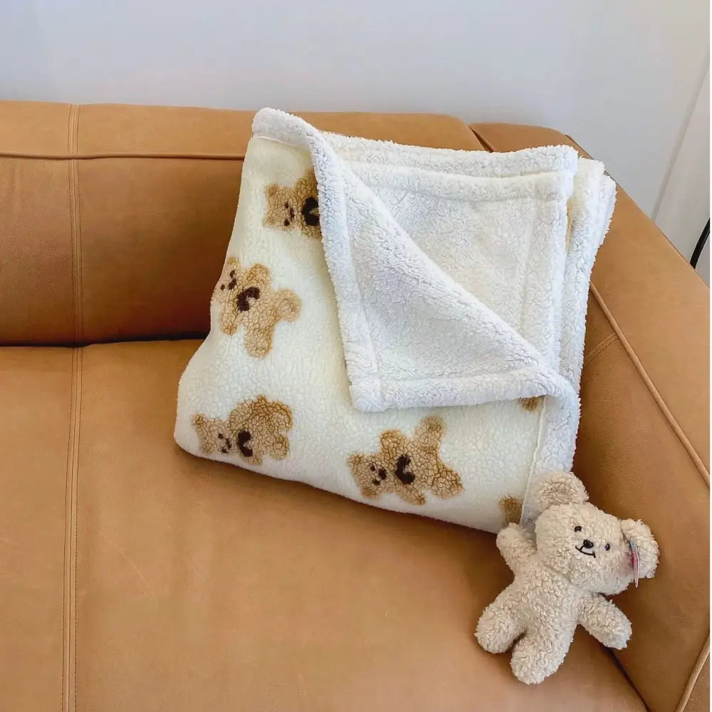 ダブルレイヤー 保温 厚手 キャラクター ブランケット ベア フリース カバー ブランケット 昼寝用 フリース ソファブランケット ID3111 アイボリー / 70*100cm（0.48kg）