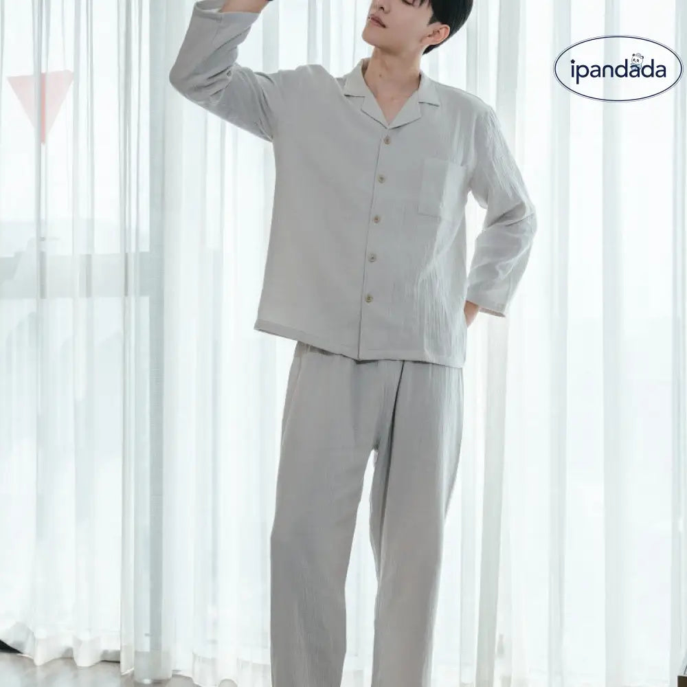 ダブルレイヤー コットン パジャマ 春秋 カップル 家庭服 長袖 長パンツ セット 春用 外出可 ペア 部屋着 ID2239 男性 グレー / メンズL カップル＞セットアップ