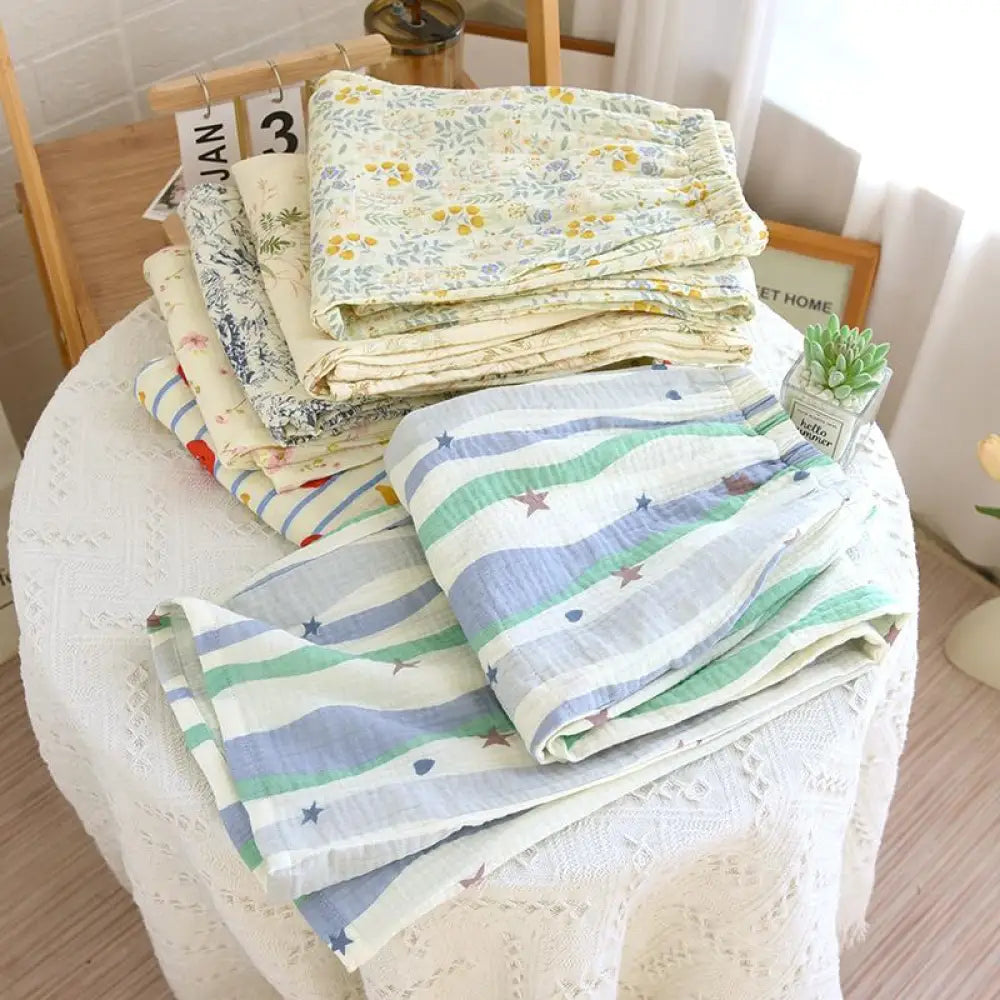 ID1086 大きいサイズ レディース 春夏用 純綿 ダブルガーゼ パンツ ブルー ルームウェア ゆったり カジュアルパンツ 外出可能 レディース＞ボトムス