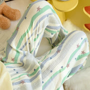 ID1086 大きいサイズ レディース 春夏用 純綿 ダブルガーゼ パンツ ブルー ルームウェア ゆったり カジュアルパンツ 外出可能 レディース＞ボトムス