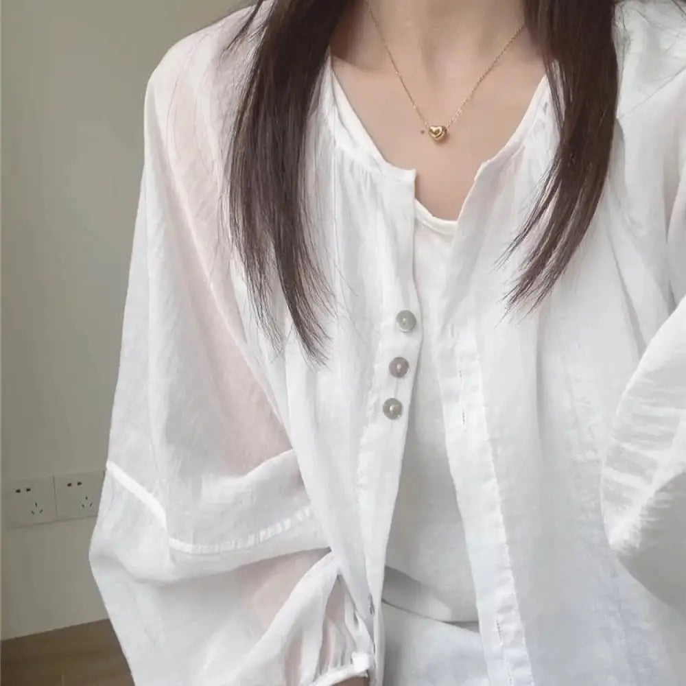 ID1559 大きいサイズ リネン 日焼け防止 シャツ レディース 薄手 夏用 プラスサイズ カーディガン ゆったり 長袖 シャツ ショート トップス ホワイト / M 外出着>アウター