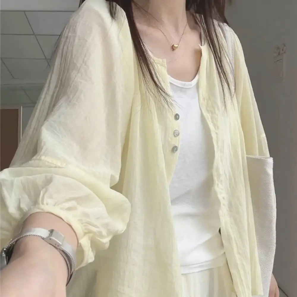 ID1559 大きいサイズ リネン 日焼け防止 シャツ レディース 薄手 夏用 プラスサイズ カーディガン ゆったり 長袖 シャツ ショート トップス イエロー / M 外出着>アウター