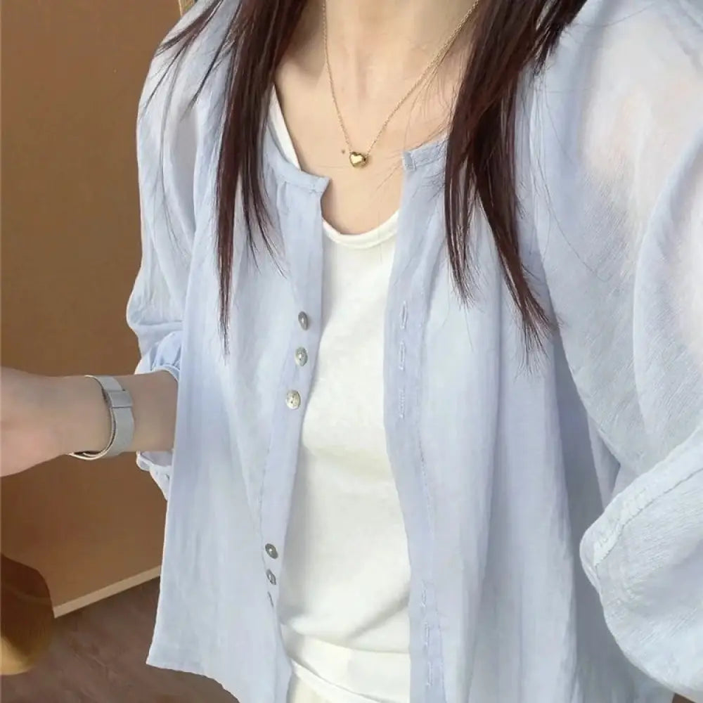 ID1559 大きいサイズ リネン 日焼け防止 シャツ レディース 薄手 夏用 プラスサイズ カーディガン ゆったり 長袖 シャツ ショート トップス ライトブルー / M 外出着>アウター