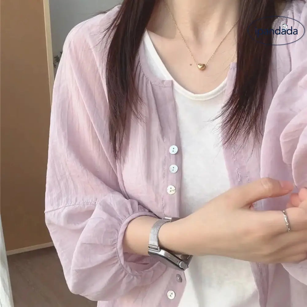 ID1559 大きいサイズ リネン 日焼け防止 シャツ レディース 薄手 夏用 プラスサイズ カーディガン ゆったり 長袖 シャツ ショート トップス ライトパープル / M 外出着>アウター