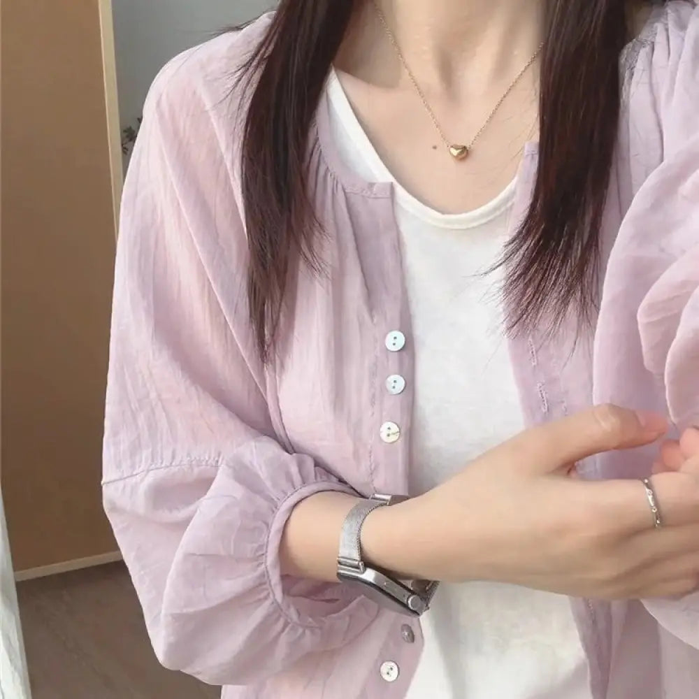 ID1559 大きいサイズ リネン 日焼け防止 シャツ レディース 薄手 夏用 プラスサイズ カーディガン ゆったり 長袖 シャツ ショート トップス ライトパープル / M 外出着>アウター