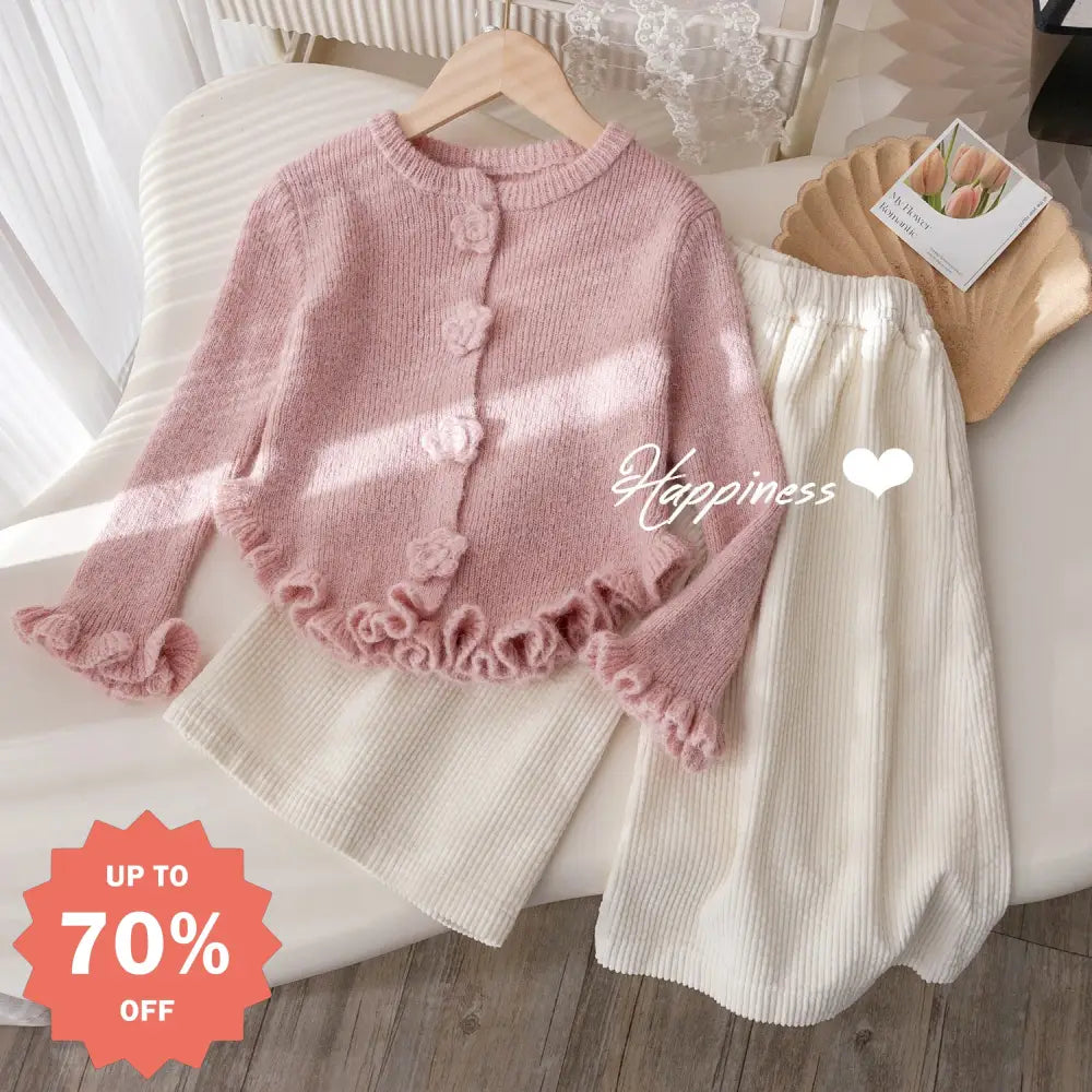 【単品販売可】春 ピンク花刺繡 女の子 ニット セットアップ カーディガン ストレートパンツ 韓国風 おしゃれ 上品ガーリー 卒園入学式に◎ 柔らか 春色 ID4226 2点セット / 80cm ベビー＆キッズ＞キッズ