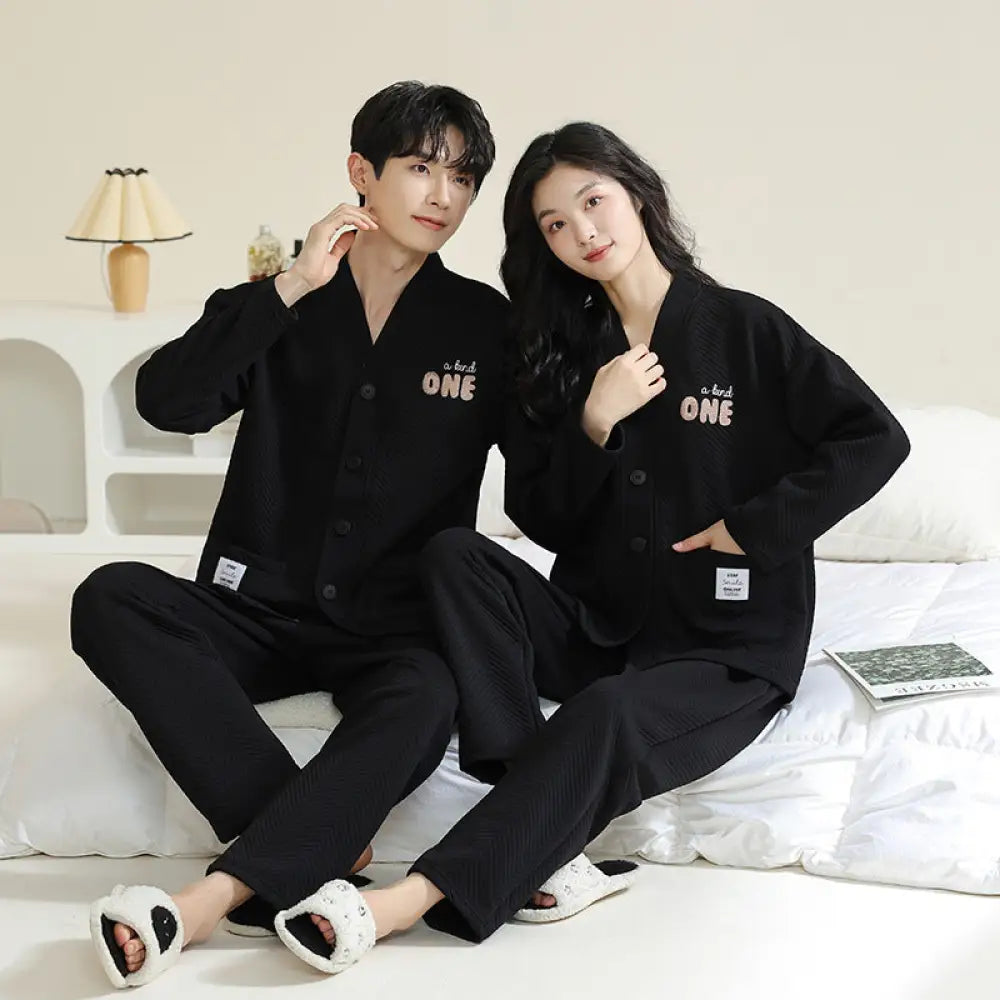 カップル パジャマ 男女兼用 春秋 秋冬 厚手 コットン 長袖 冬用 薄手 中綿 エアコットン 部屋着 秋冬モデル レディース メンズ ID2319 タイプ③ / レディースＭ