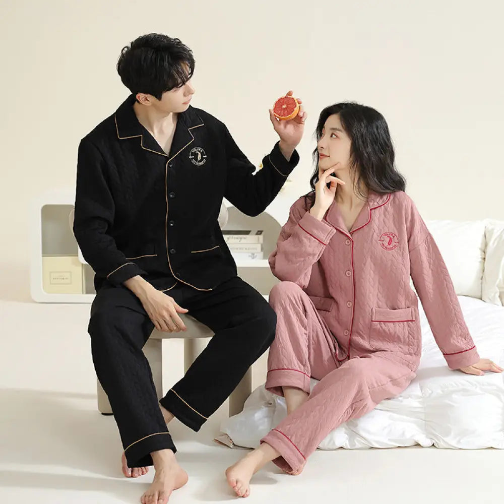 カップル パジャマ 男女兼用 春秋 秋冬 厚手 コットン 長袖 冬用 薄手 中綿 エアコットン 部屋着 秋冬モデル レディース メンズ ID2319 タイプ⑦ / レディースＭ