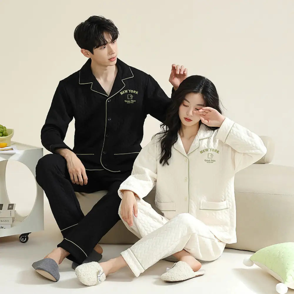 カップル パジャマ 男女兼用 春秋 秋冬 厚手 コットン 長袖 冬用 薄手 中綿 エアコットン 部屋着 秋冬モデル レディース メンズ ID2319 タイプ④ / レディースＭ