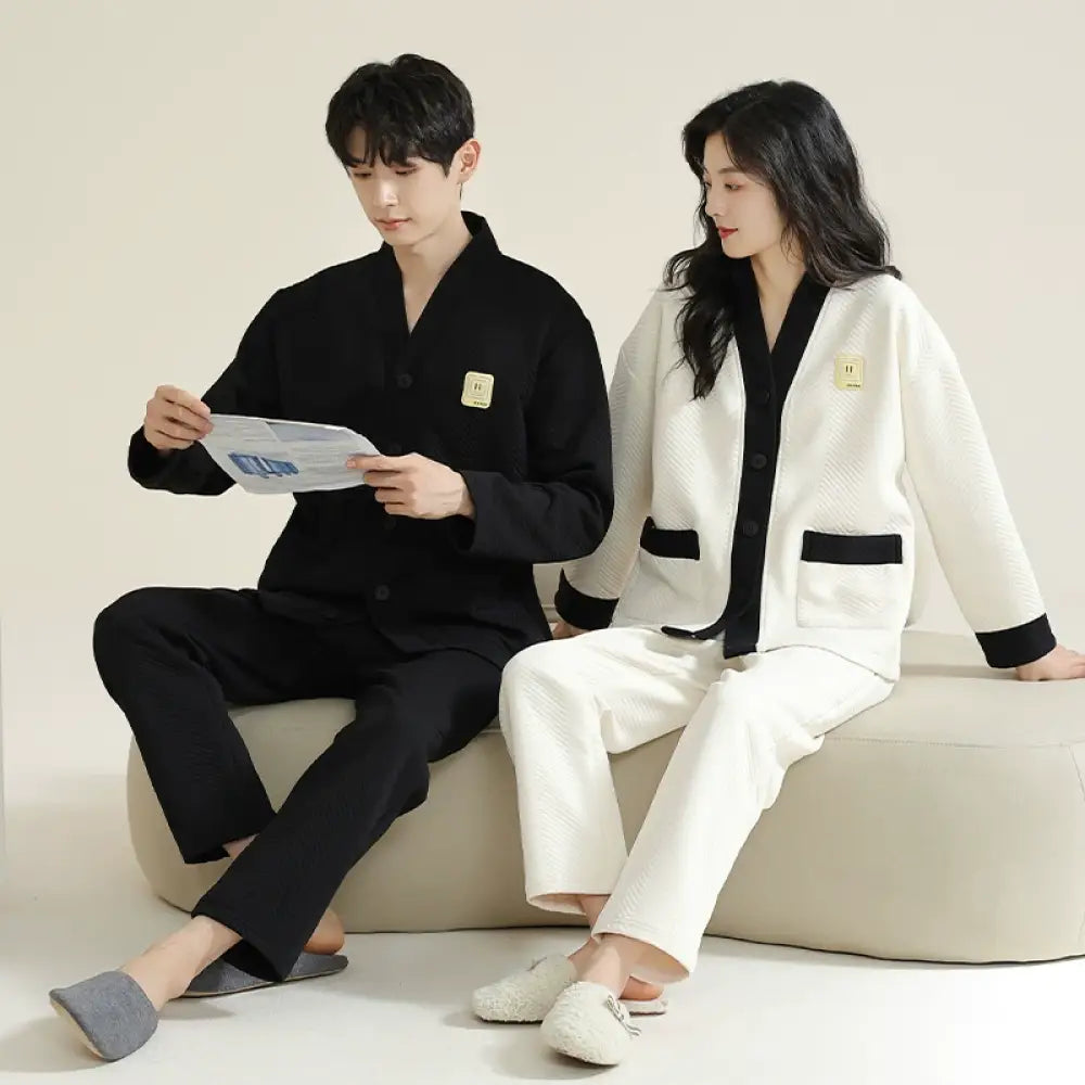 カップル パジャマ 男女兼用 春秋 秋冬 厚手 コットン 長袖 冬用 薄手 中綿 エアコットン 部屋着 秋冬モデル レディース メンズ ID2319 タイプ① / レディースＭ