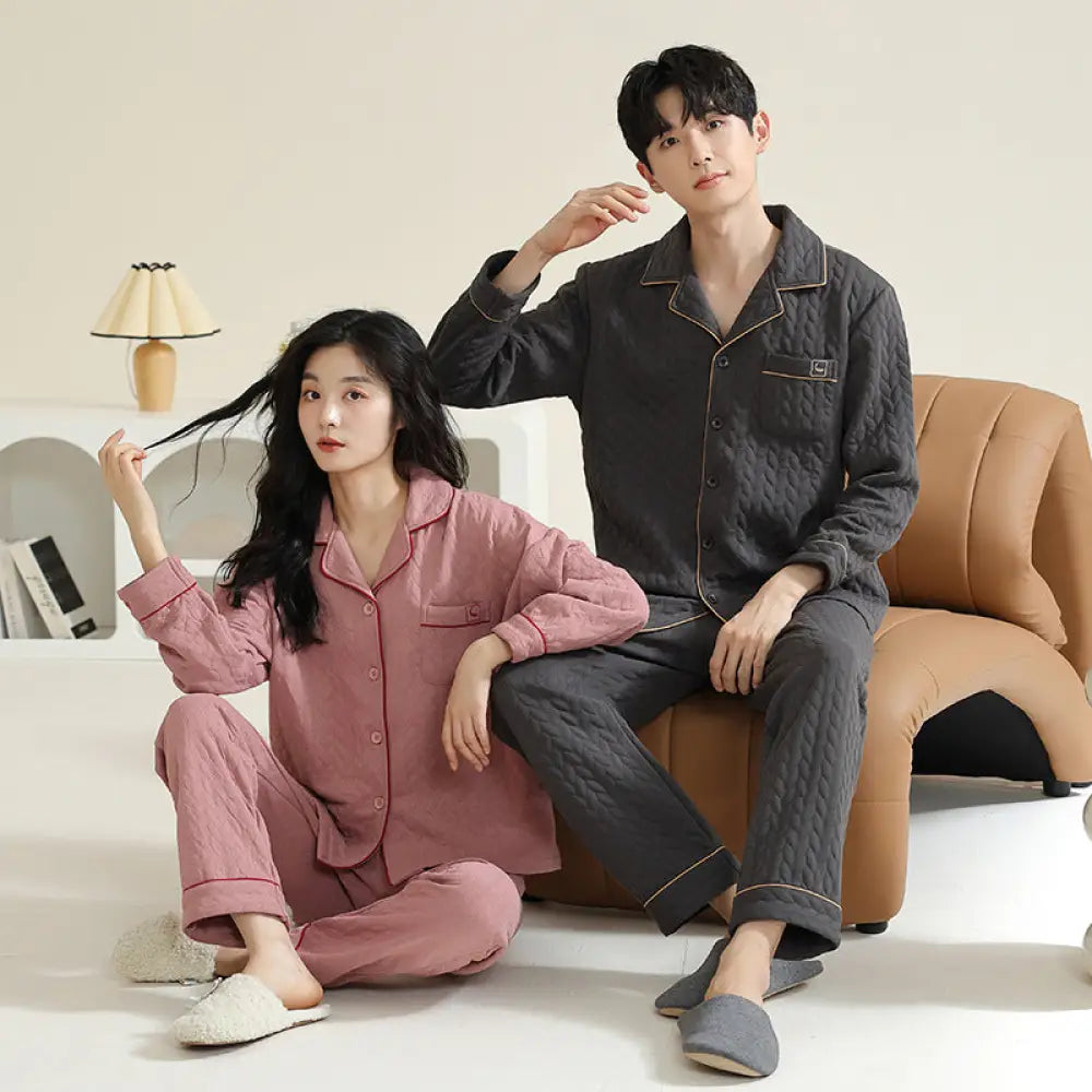 カップル パジャマ 男女兼用 春秋 秋冬 厚手 コットン 長袖 冬用 薄手 中綿 エアコットン 部屋着 秋冬モデル レディース メンズ ID2319 タイプ② / レディースＭ