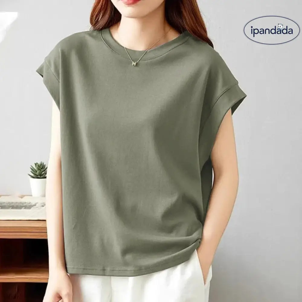 ID1129 デザイン性 防透け 大人可愛い 無地 半袖 ラウンドネック プルオーバー カジュアル Tシャツ スリム効果 夏用 新作 マルチコーデ 女性用 ノースリーブ タンクトップ グリーン / M 外出着＞トップス