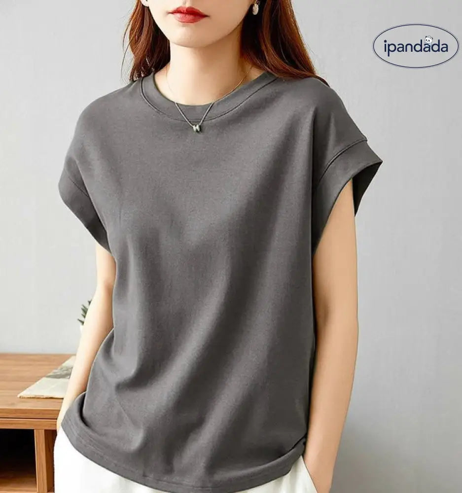 ID1129 デザイン性 防透け 大人可愛い 無地 半袖 ラウンドネック プルオーバー カジュアル Tシャツ スリム効果 夏用 新作 マルチコーデ 女性用 ノースリーブ タンクトップ グレー / M 外出着＞トップス