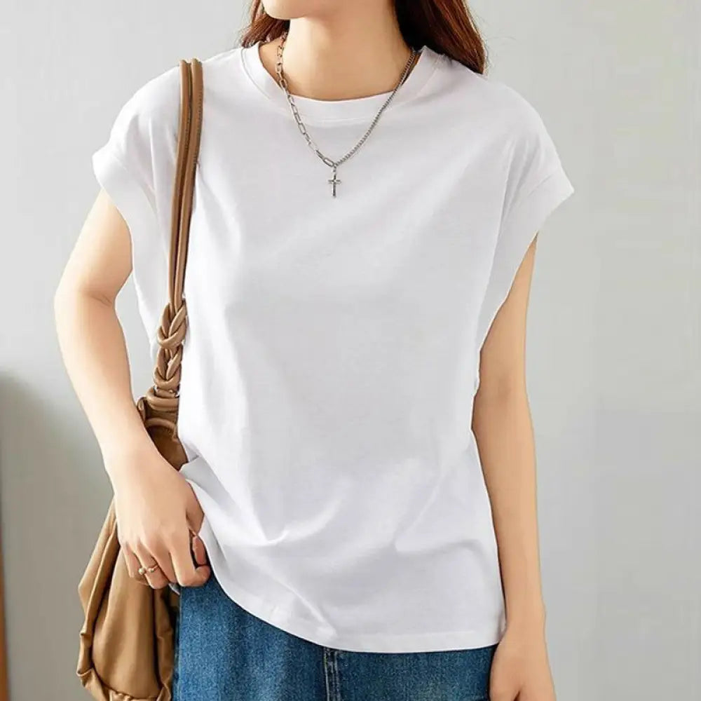 ID1129 デザイン性 防透け 大人可愛い 無地 半袖 ラウンドネック プルオーバー カジュアル Tシャツ スリム効果 夏用 新作 マルチコーデ 女性用 ノースリーブ タンクトップ ホワイト / M 外出着＞トップス