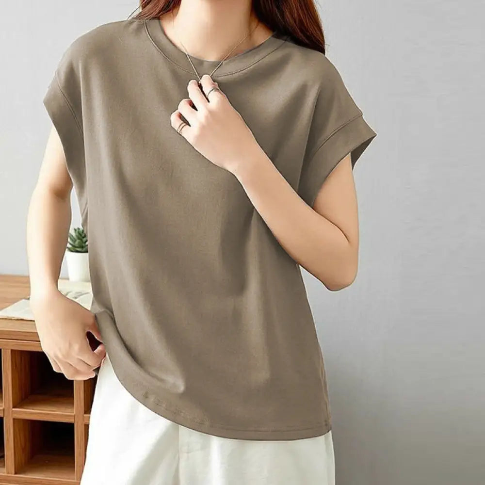 ID1129 デザイン性 防透け 大人可愛い 無地 半袖 ラウンドネック プルオーバー カジュアル Tシャツ スリム効果 夏用 新作 マルチコーデ 女性用 ノースリーブ タンクトップ カーキ / M 外出着＞トップス