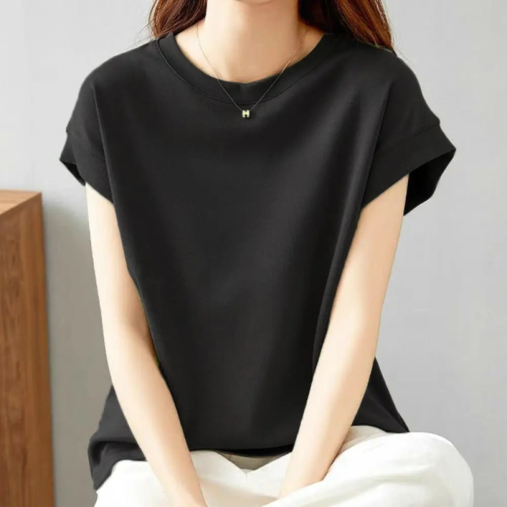 ID1129 デザイン性 防透け 大人可愛い 無地 半袖 ラウンドネック プルオーバー カジュアル Tシャツ スリム効果 夏用 新作 マルチコーデ 女性用 ノースリーブ タンクトップ ブラック / M 外出着＞トップス