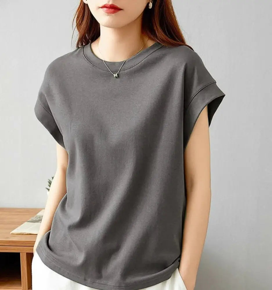 ID1129 デザイン性 防透け 大人可愛い 無地 半袖 ラウンドネック プルオーバー カジュアル Tシャツ スリム効果 夏用 新作 マルチコーデ 女性用 ノースリーブ タンクトップ グレー / M 外出着＞トップス