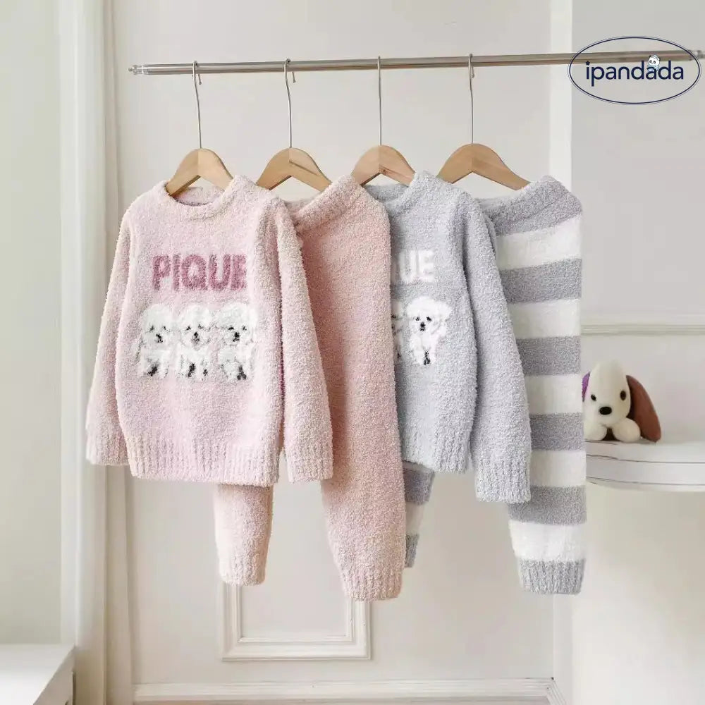 秋冬 新作 ふわふわ フリース 子供 カートゥーン ビションフリーゼ ルームウェア パジャマ セット ID2989