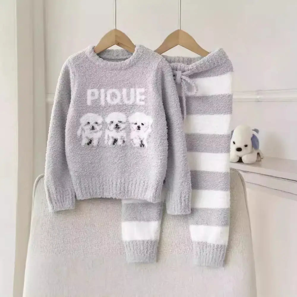 秋冬 新作 ふわふわ フリース 子供 カートゥーン ビションフリーゼ ルームウェア パジャマ セット ID2989 ブルー / XS