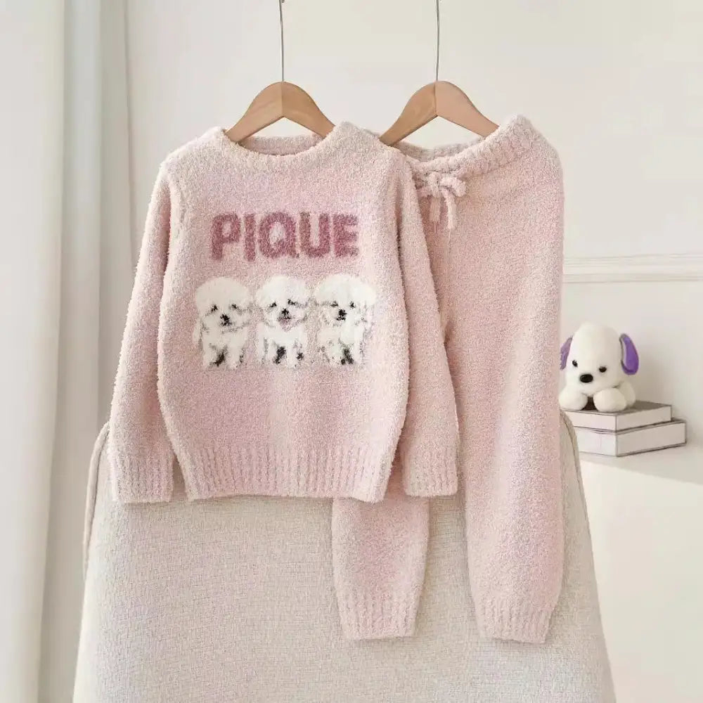 秋冬 新作 ふわふわ フリース 子供 カートゥーン ビションフリーゼ ルームウェア パジャマ セット ID2989 ピンク / XS