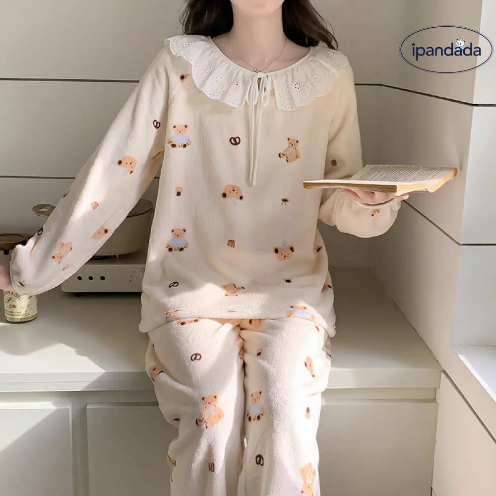 冬 フリース パジャマ レディース 厚手 サンゴフリース かわいい 花柄 フランネル 保温 ルームウェア セットアップ ID2654