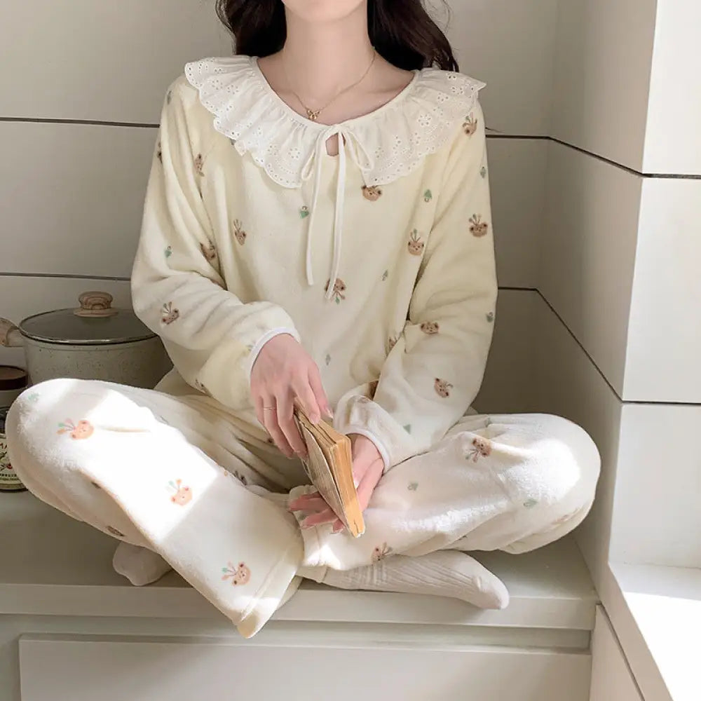 冬 フリース パジャマ レディース 厚手 サンゴフリース かわいい 花柄 フランネル 保温 ルームウェア セットアップ ID2654 タイプ⑦ / M