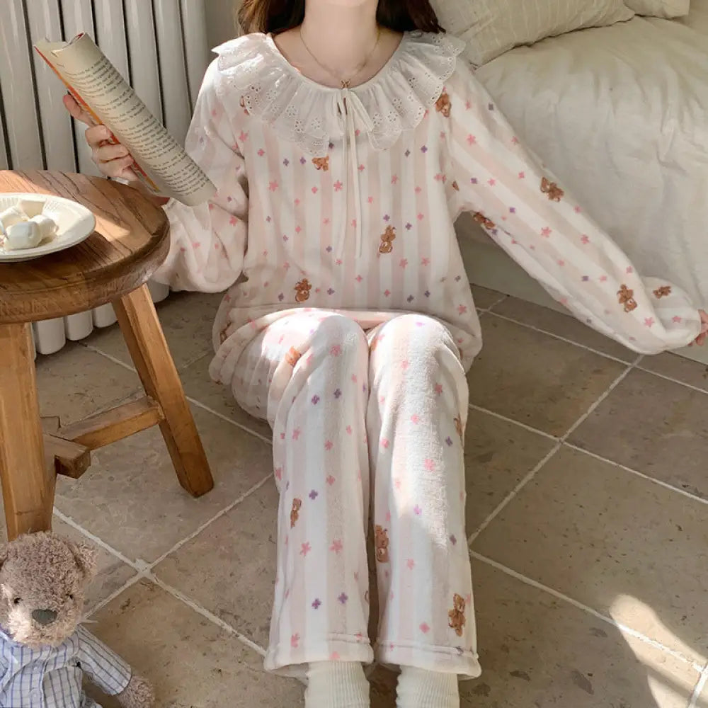 冬 フリース パジャマ レディース 厚手 サンゴフリース かわいい 花柄 フランネル 保温 ルームウェア セットアップ ID2654 タイプ④ / M