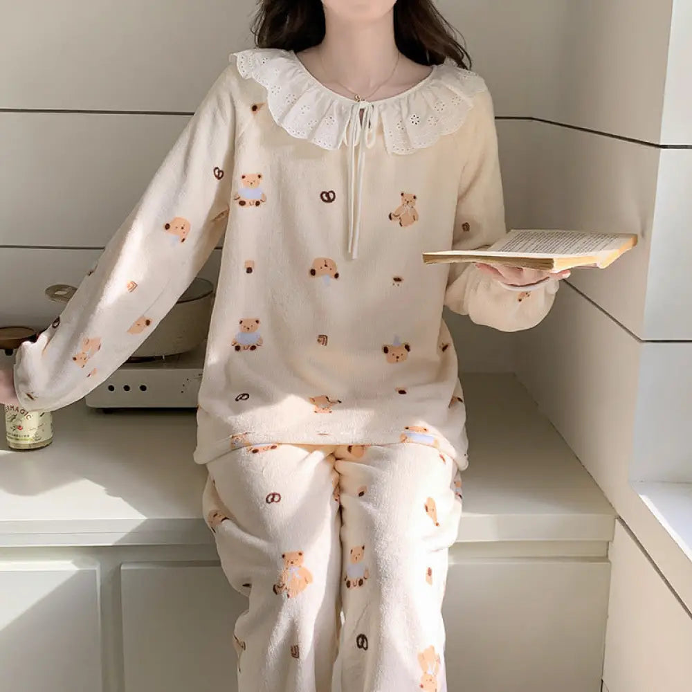 冬 フリース パジャマ レディース 厚手 サンゴフリース かわいい 花柄 フランネル 保温 ルームウェア セットアップ ID2654 タイプ⑤ / M