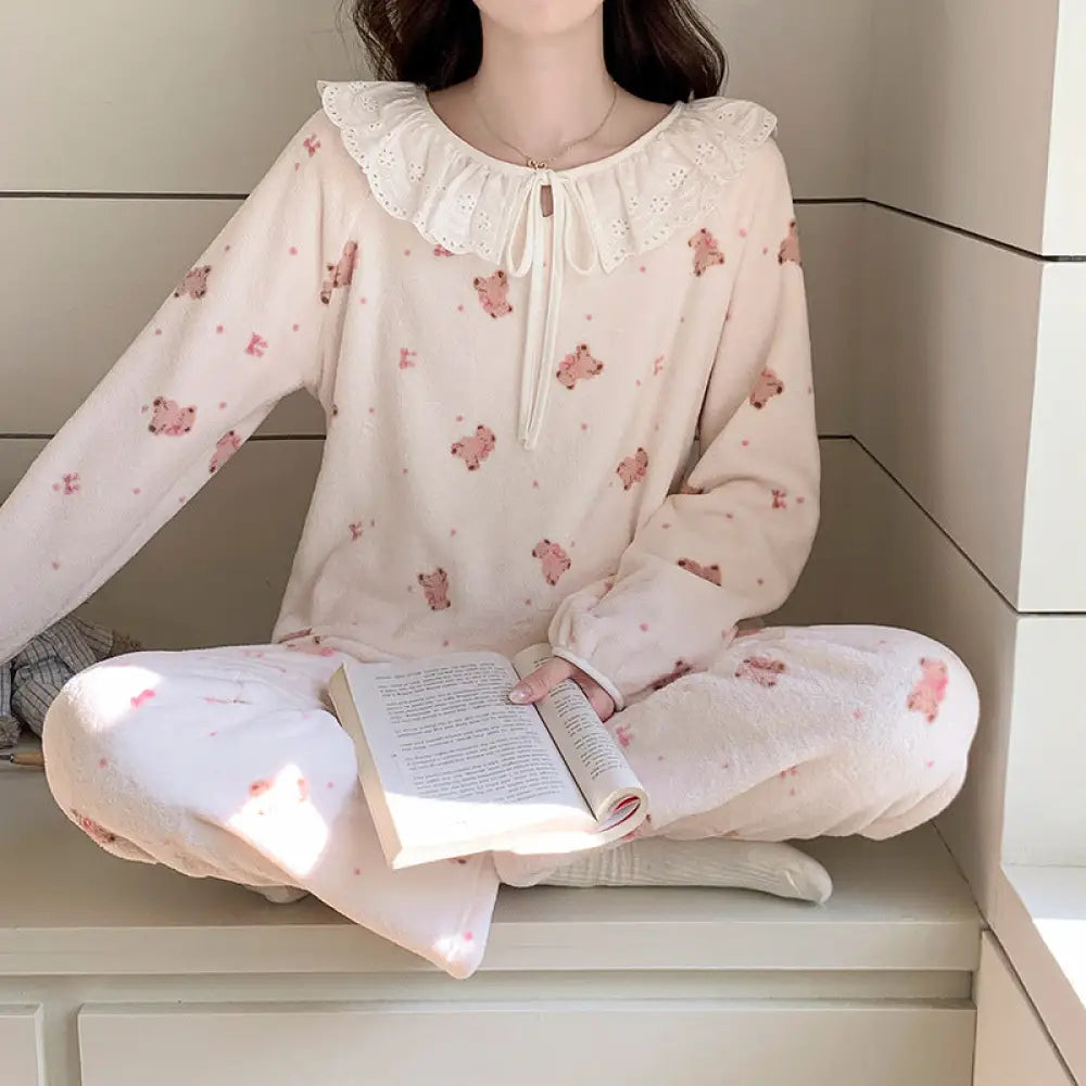 冬 フリース パジャマ レディース 厚手 サンゴフリース かわいい 花柄 フランネル 保温 ルームウェア セットアップ ID2654 タイプ⑧ / M