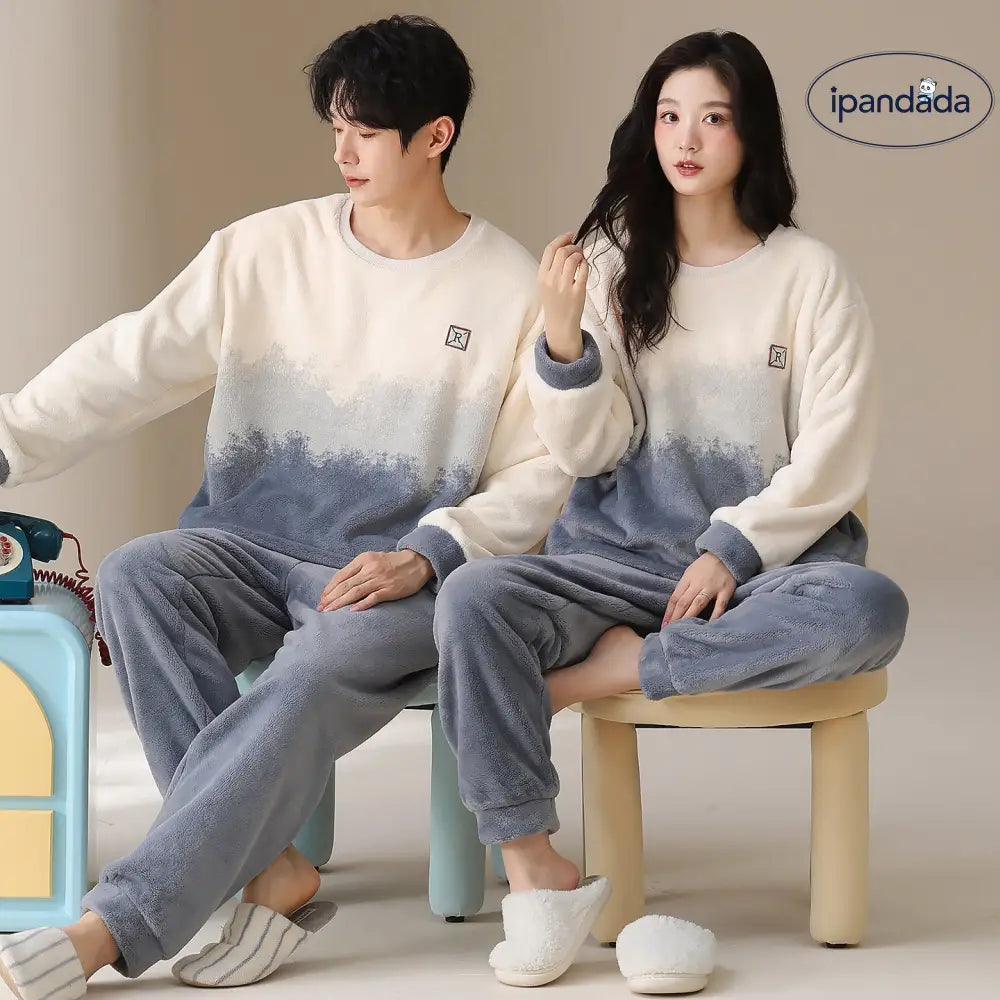 冬季 フリース フリース ラウンドネック プルオーバー カップル パジャマ セット 保温 ルームウェア ID2933