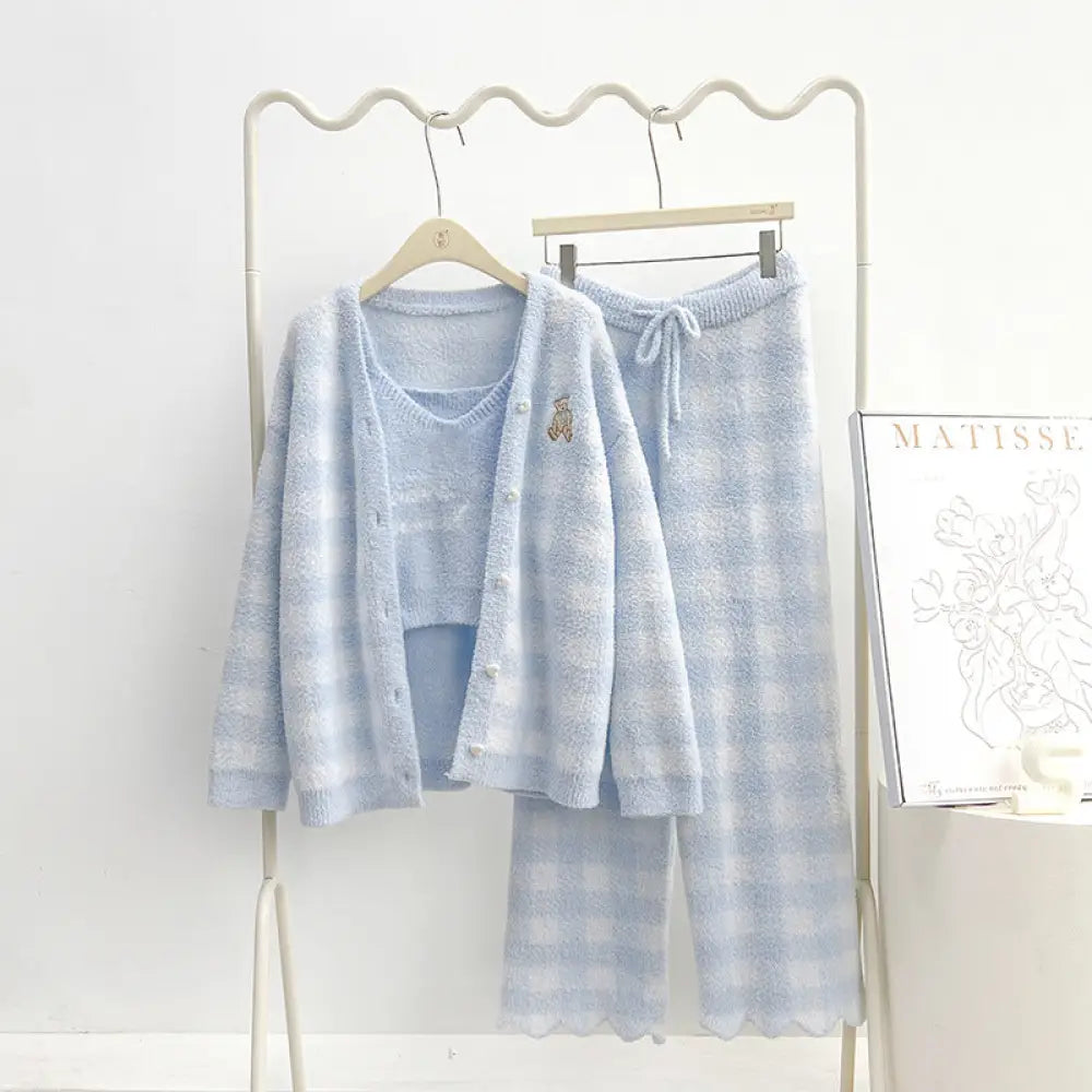 冬 韓国風 かわいい 刺繍 ベア ソフトパジャマ Vネック カーディガン キャミソール 3点セット 厚手 ルームウェア レディース ID3052 ブルー / フリー