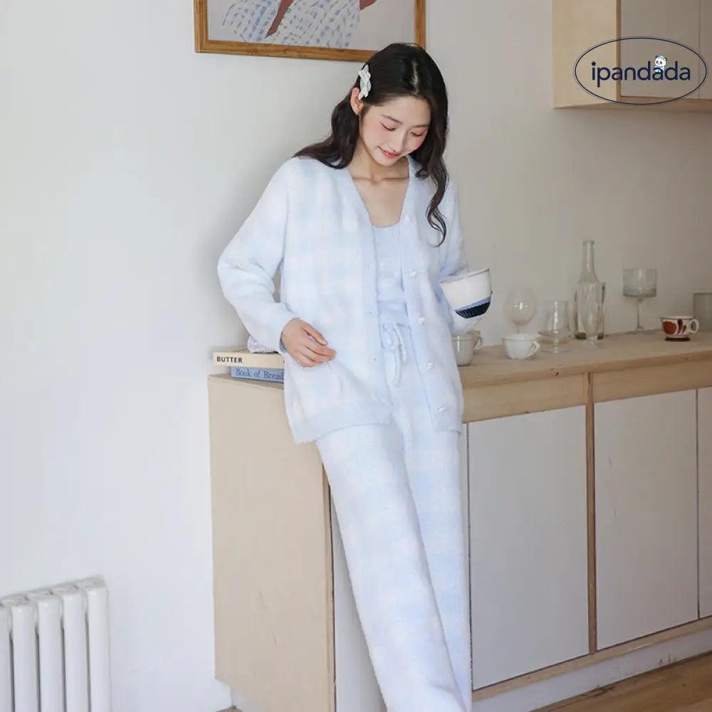 冬 韓国風 かわいい 刺繍 ベア ソフトパジャマ Vネック カーディガン キャミソール 3点セット 厚手 ルームウェア レディース ID3052