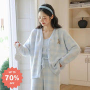 冬 韓国風 かわいい 刺繍 ベア ソフトパジャマ Vネック カーディガン キャミソール 3点セット 厚手 ルームウェア レディース ID3052