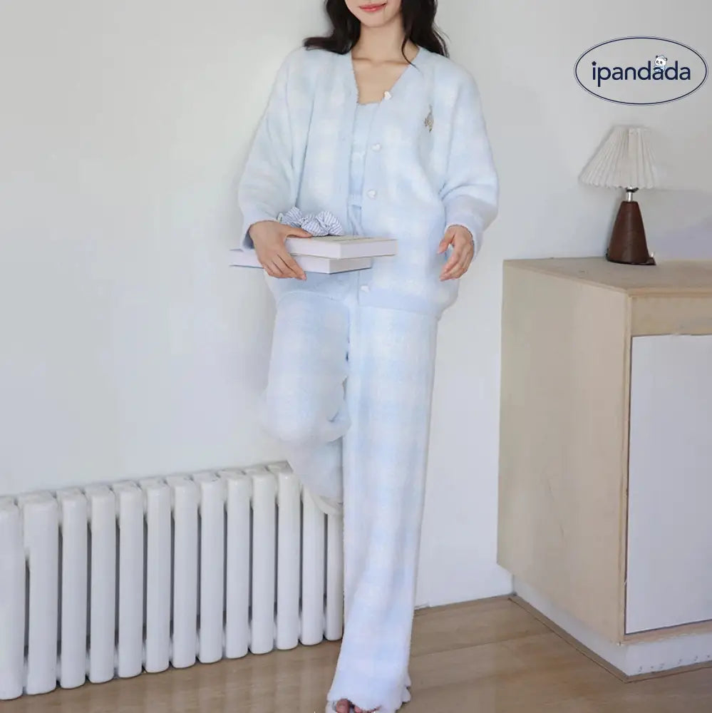 冬 韓国風 かわいい 刺繍 ベア ソフトパジャマ Vネック カーディガン キャミソール 3点セット 厚手 ルームウェア レディース ID3052