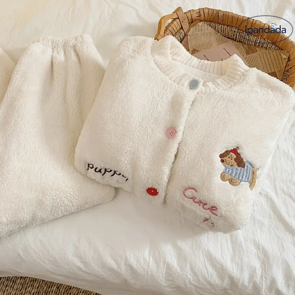 冬 韓国風 ロング フリース ソフト フワフワ パジャマ レディース 秋 ゆったり ワンちゃん デザイン カーディガン ルームウェア セット ID3270