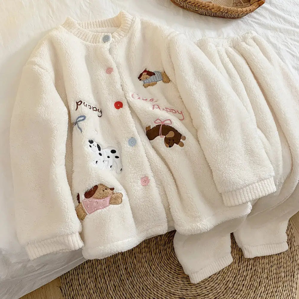 冬 韓国風 ロング フリース ソフト フワフワ パジャマ レディース 秋 ゆったり ワンちゃん デザイン カーディガン ルームウェア セット ID3270 写真通り / M