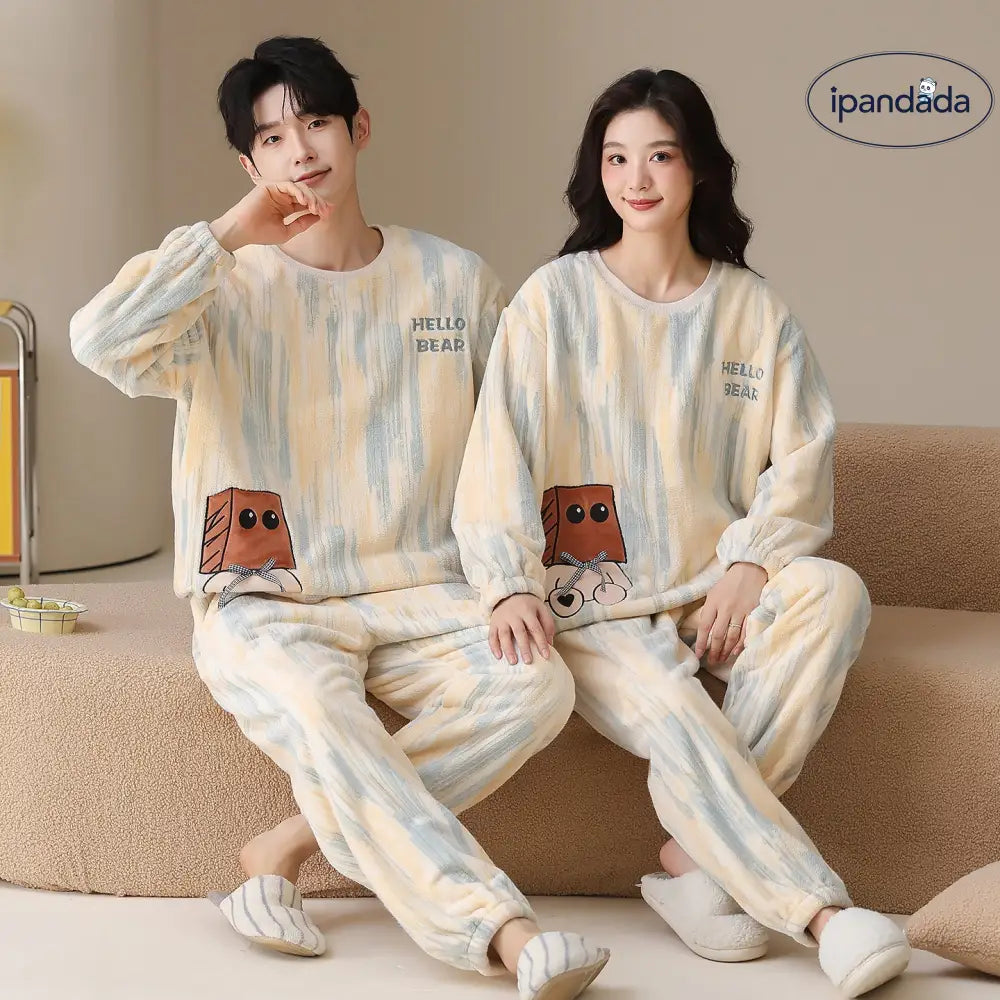 冬季 フリース フリース ラウンドネック プルオーバー カップル パジャマ セット 保温 ルームウェア ID2933