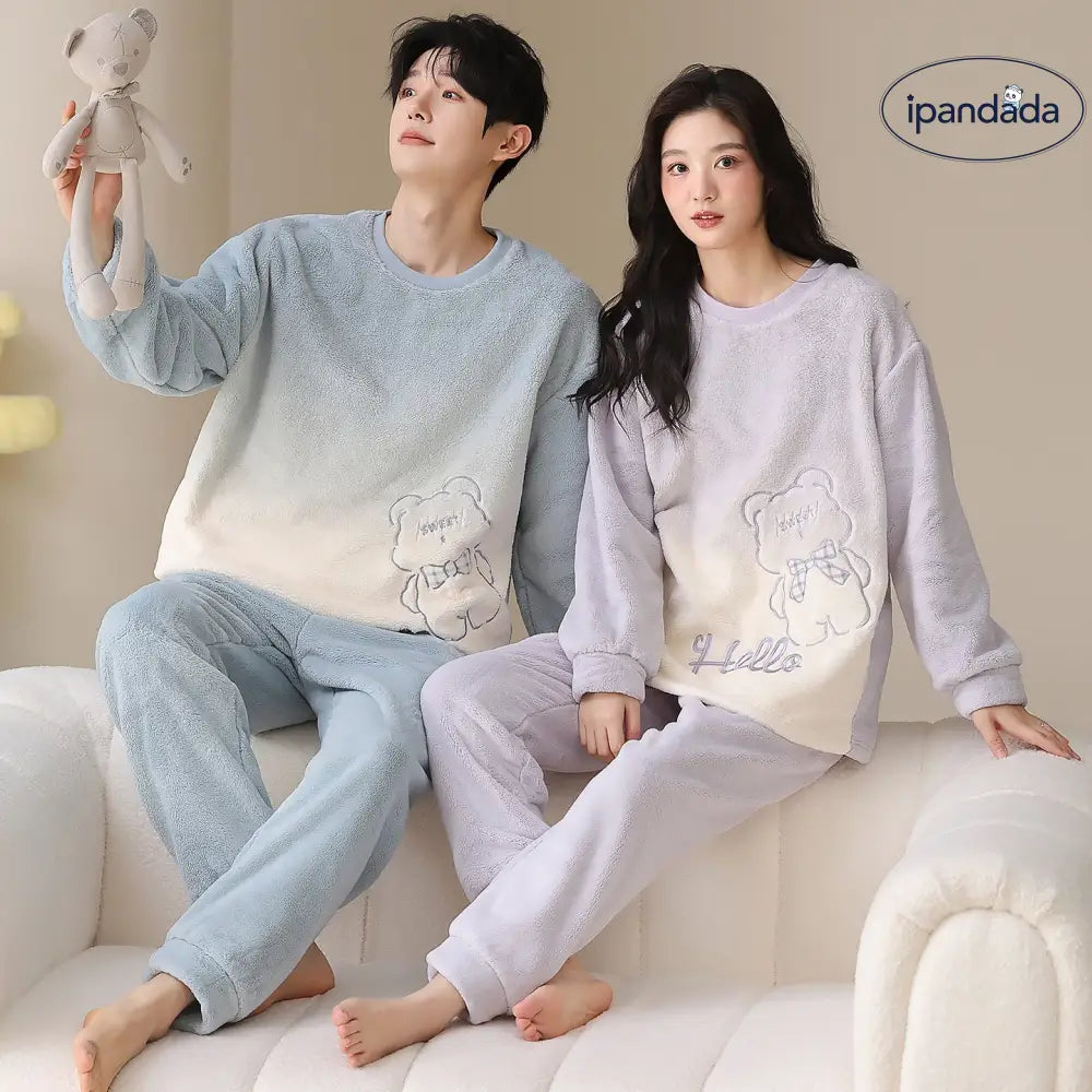 冬季 フリース フリース ラウンドネック プルオーバー カップル パジャマ セット 保温 ルームウェア ID2933