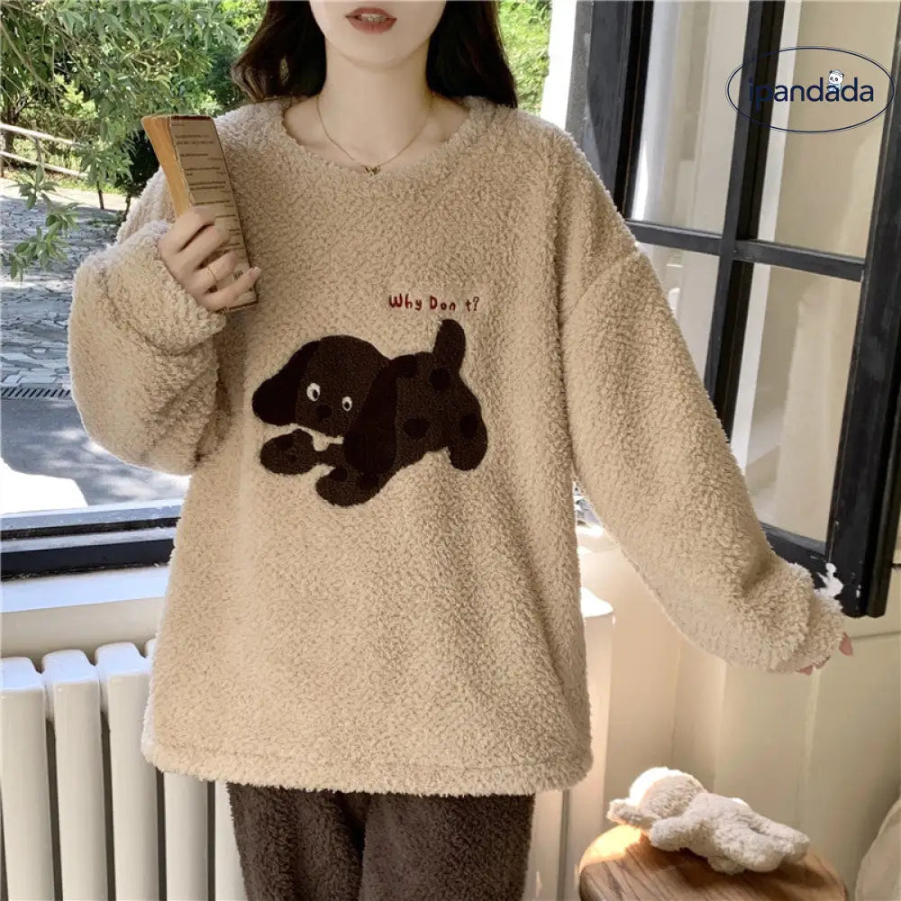 冬季 可愛い キャラクター パジャマ レディース 長毛フリース ラウンドネック 長袖 長ズボン 厚手 保温 ルームウェア セット ID2750