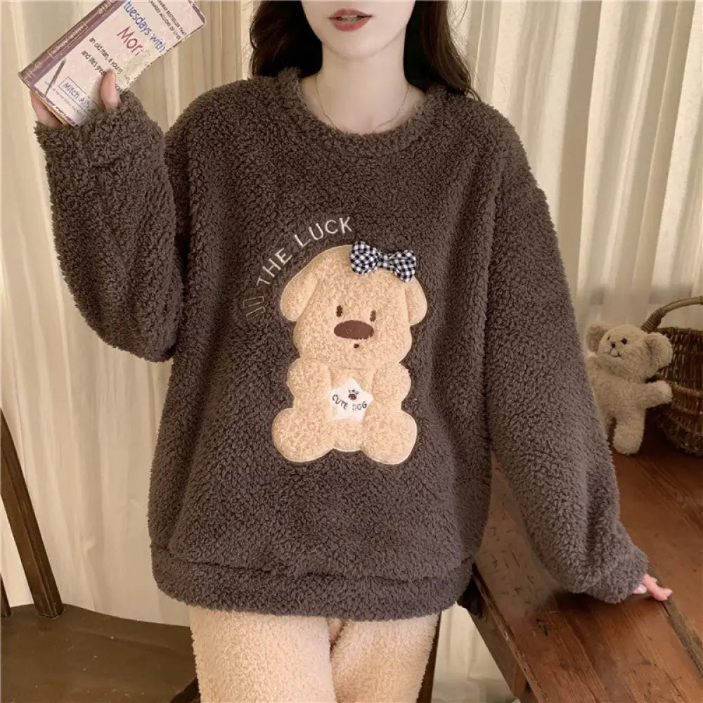 冬季 可愛い キャラクター パジャマ レディース 長毛フリース ラウンドネック 長袖 長ズボン 厚手 保温 ルームウェア セット ID2750 タイプ⑤ / M