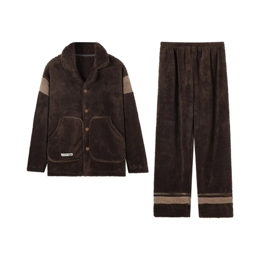 冬季 メンズ 保温 コットン フリース パジャマ 秋冬 カジュアル 襟付き メンズ ルームウェア ID3317 ブラウン / L