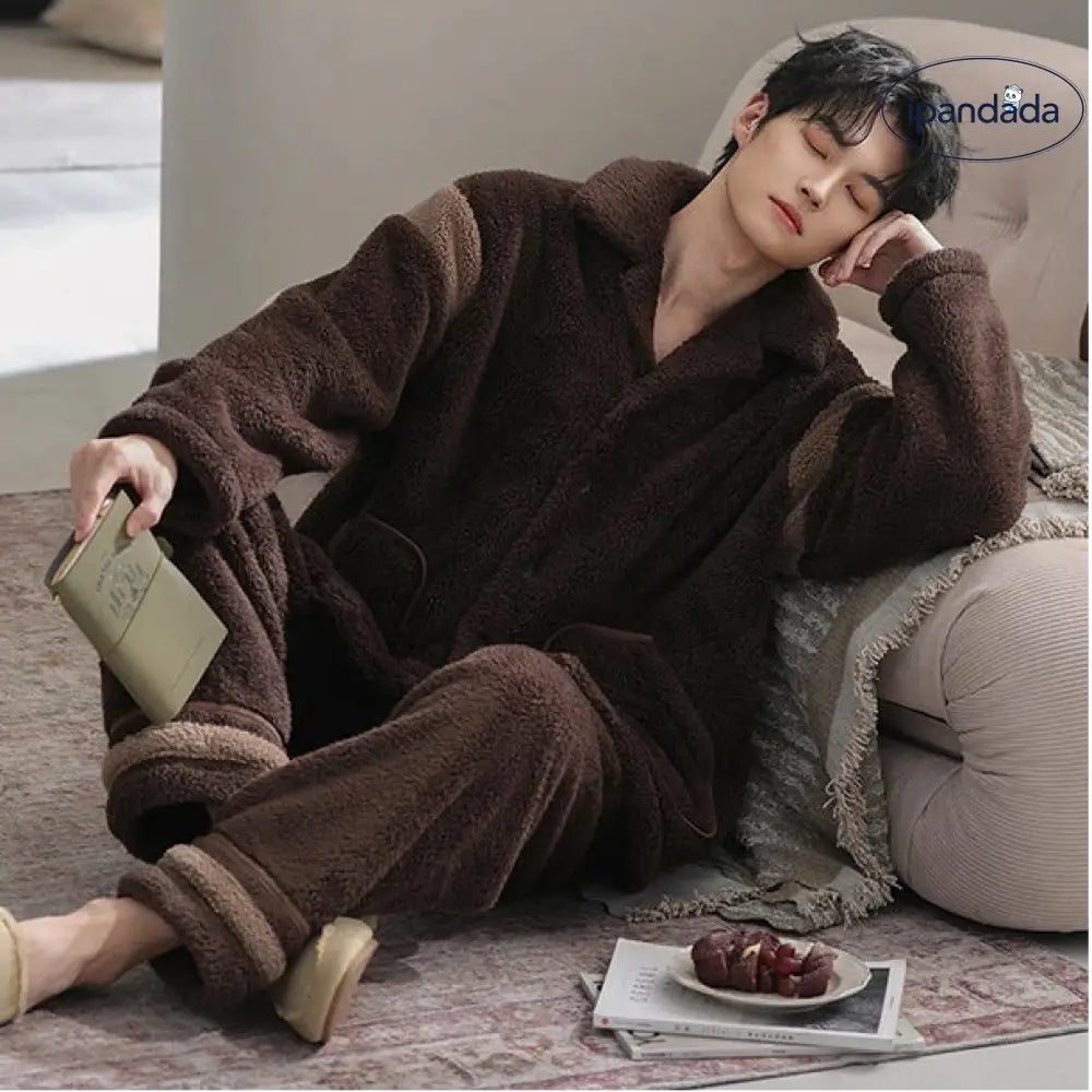 冬季 メンズ 保温 コットン フリース パジャマ 秋冬 カジュアル 襟付き メンズ ルームウェア ID3317