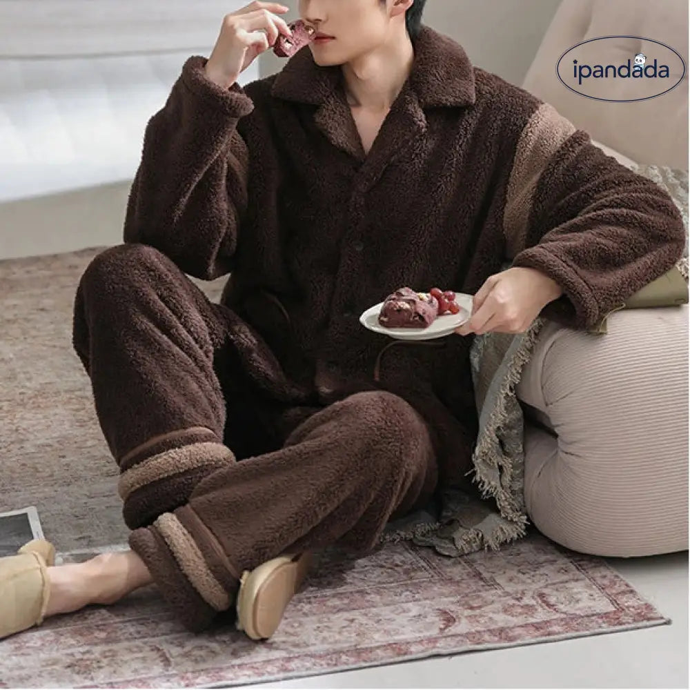 冬季 メンズ 保温 コットン フリース パジャマ 秋冬 カジュアル 襟付き メンズ ルームウェア ID3317