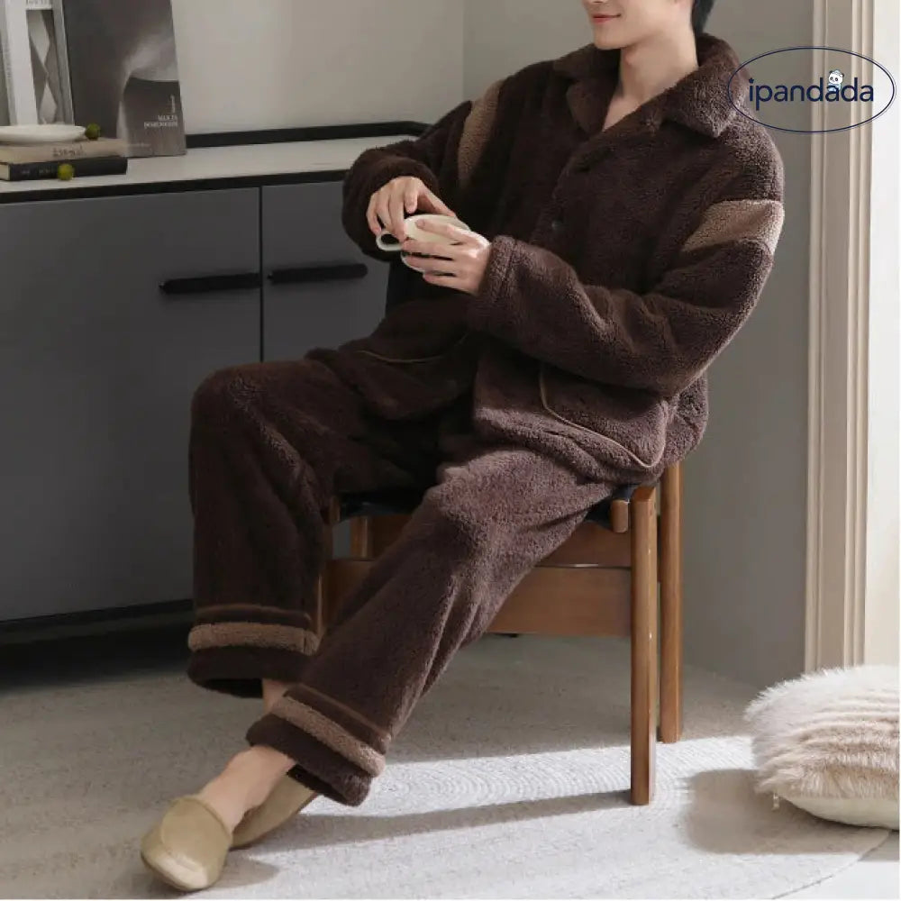 冬季 メンズ 保温 コットン フリース パジャマ 秋冬 カジュアル 襟付き メンズ ルームウェア ID3317