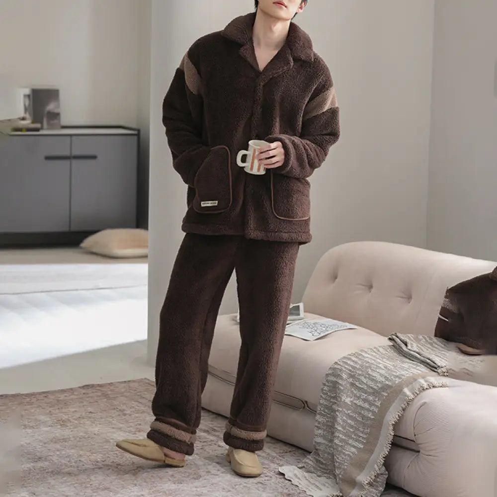 冬季 メンズ 保温 コットン フリース パジャマ 秋冬 カジュアル 襟付き メンズ ルームウェア ID3317