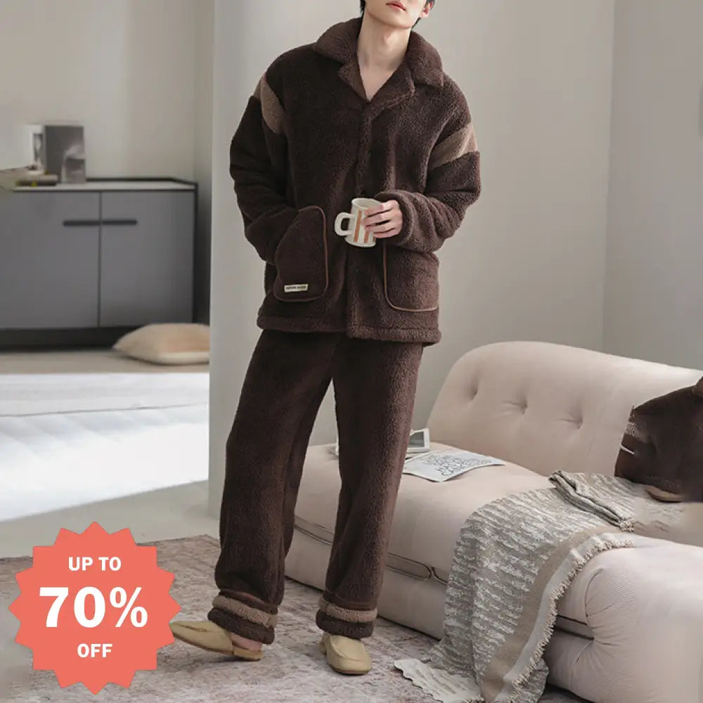 冬季 メンズ 保温 コットン フリース パジャマ 秋冬 カジュアル 襟付き メンズ ルームウェア ID3317