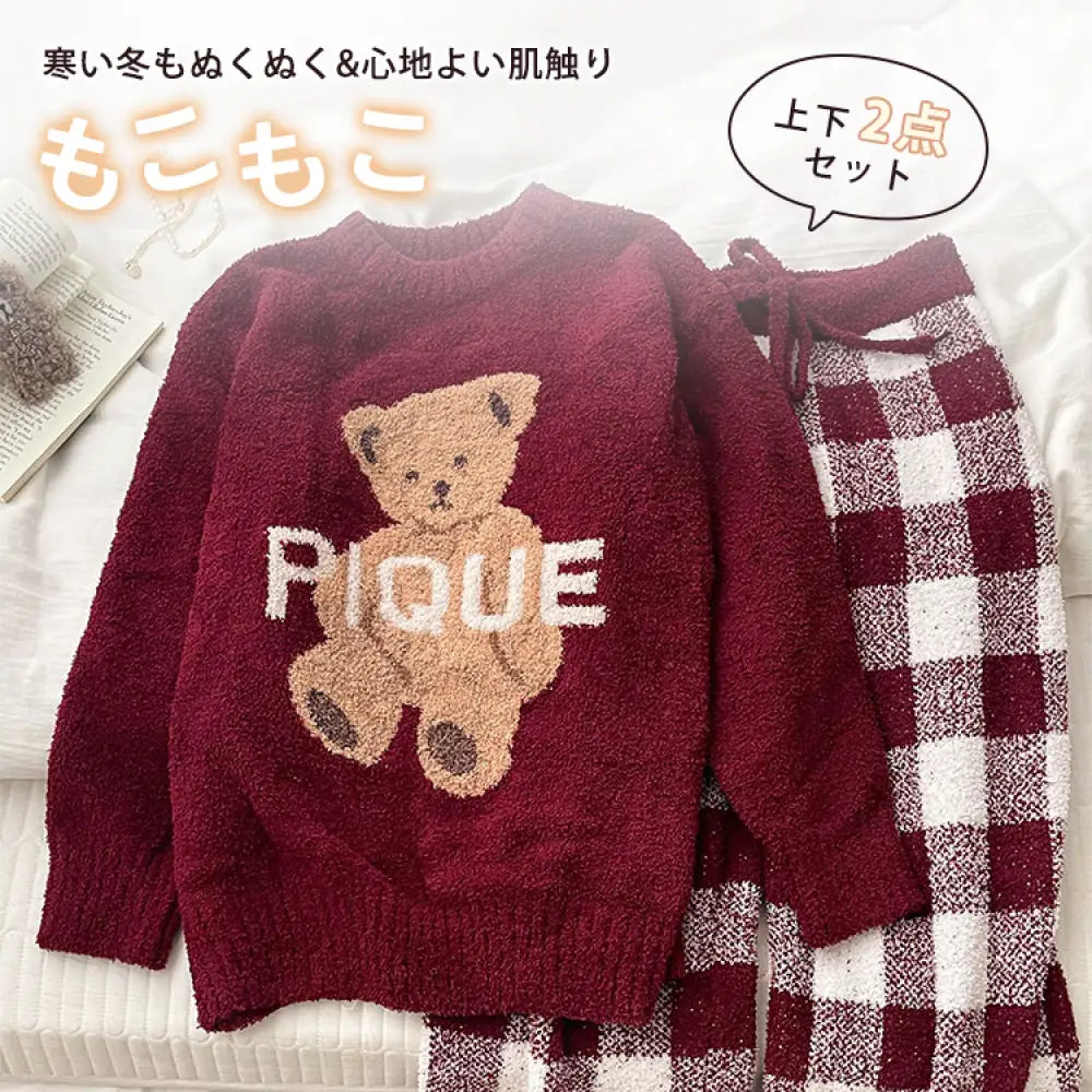 冬季暖かさを実感! くま柄 アルファベット パジャマ セットアップ レディース 秋 冬 暖かい 可愛い おしゃれ 新生活 ふわふわパジャマ プレゼント ID126 レッド / フリー レディース＞セットアップ