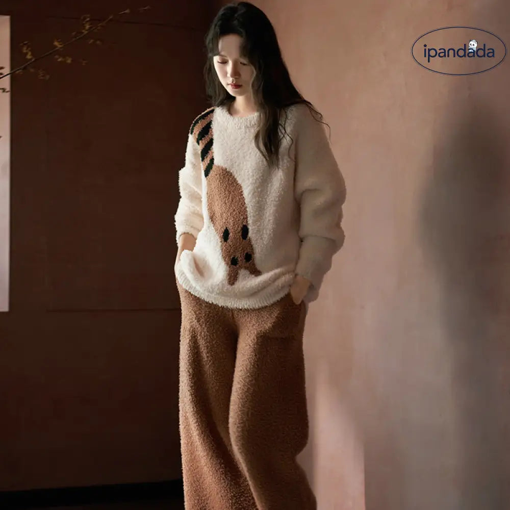 冬季 レディース パジャマ 厚手 保温 フリース ふわふわ カジュアル 韓国風 ラウンドネック レディース ルームウェア ID3647