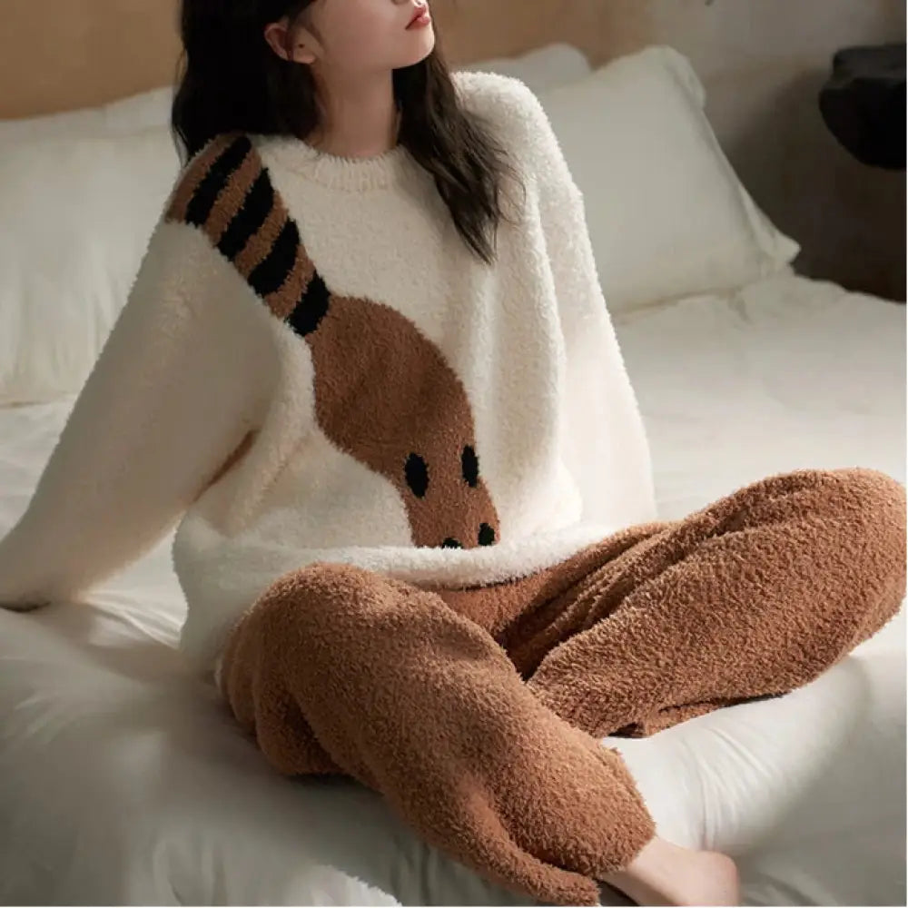 冬季 レディース パジャマ 厚手 保温 フリース ふわふわ カジュアル 韓国風 ラウンドネック レディース ルームウェア ID3647 写真通り / M